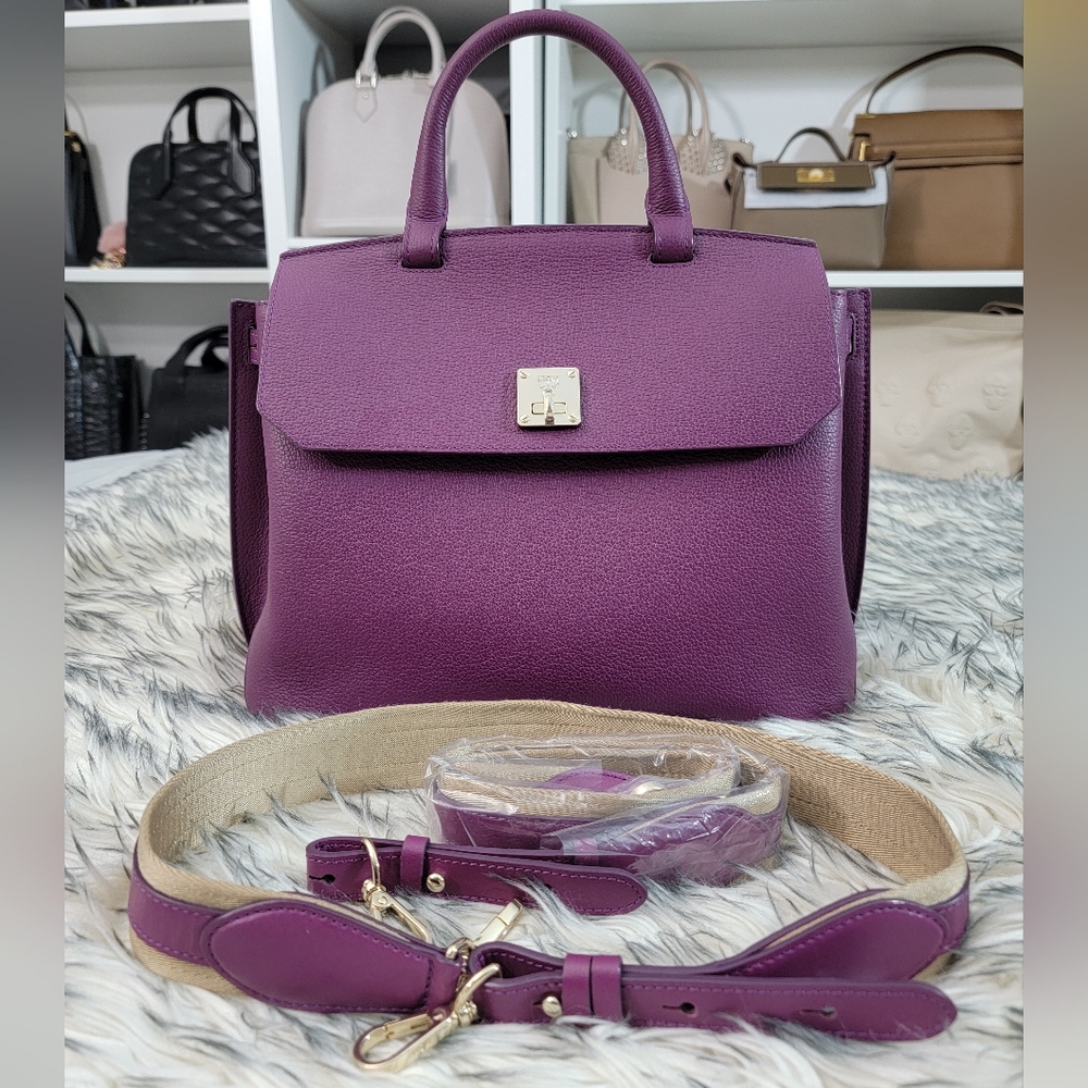 MCM Large Leather Milla Convertible Backpack Satchel Mystic Purple Handbag
